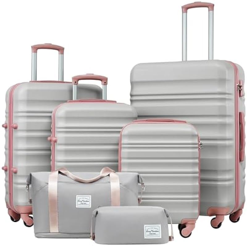 LONG VACATION Luggage Set 4 Piece Luggage Set ABS Hardshell TSA Lock Spinner Wheels Luggage Carry on Suitcase(Grey-Pink, 6 Piece Set)