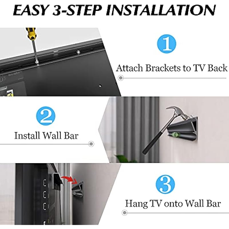 No Stud TV Wall Mount, Drywall Studless TV Hanger No Damage, No Drill, Non Screws, Flat Screen Easy Install Bar Bracket fits VESA 12-55 inch TVs up to 99 lbs, Include Hardware Levels