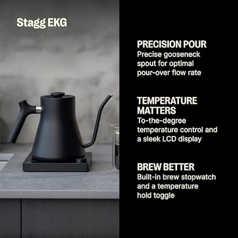 Fellow Stagg EKG Electric Gooseneck Kettle – Pour-Over Coffee and Tea Pot, Stainless Steel, Quick Heating, Matte Black, 0.9 Liter