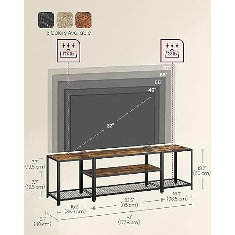 VASAGLE TV Stand for TVs up to 75 Inches, 3-Tier Entertainment Center, TV Console, Rustic ULTV098B01