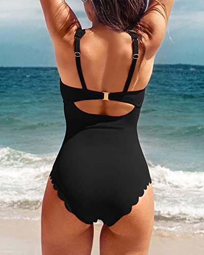 Charmo Womens Scalloped Ribbed One Piece Swimsuits Retro Square Neck Modest Bathing Suits