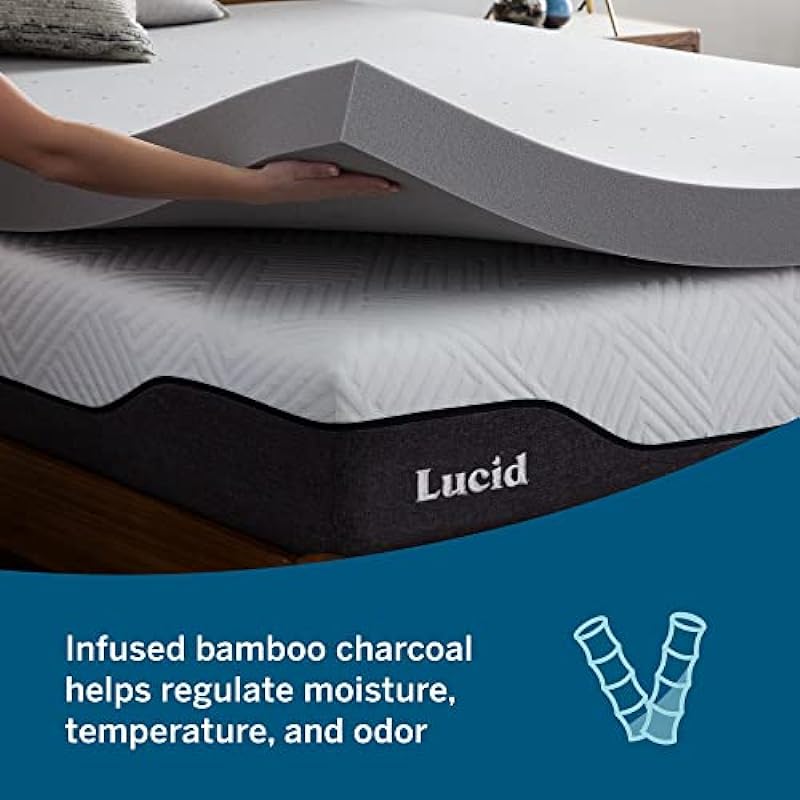 Lucid 4 Inch Bamboo Charcoal Memory Foam Mattress Topper, Queen