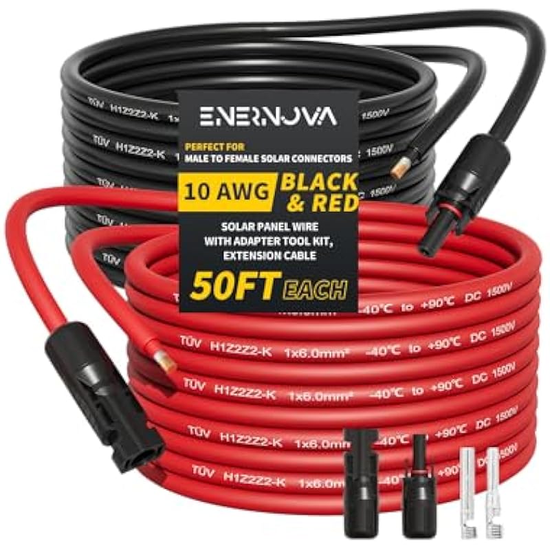 ENERNOVA 10AWG 50FT Solar Extension Cable (50FT Black + 50FT Red) Male to Female Solar Panel Wire, 10 Gauge Pure Copper Extension Cord for Home, Ship and RV Solar Panels