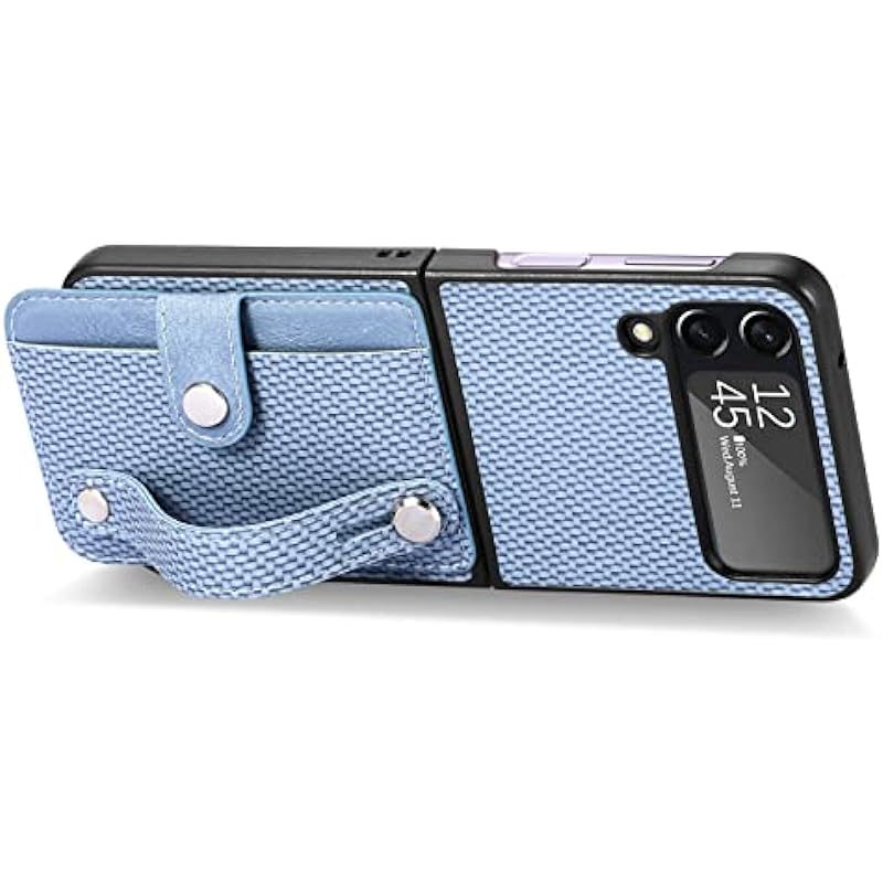 Asuwish Phone Case for Samsung Galaxy Z Flip 4 5G 2022 and Cell Accessories with Wrist Strap Credit Card Holder Slot Stand Kickstand Protective Slim Gaxaly ZFlip4 Z4 Flip4 4Z Flip4case Women Men Blue