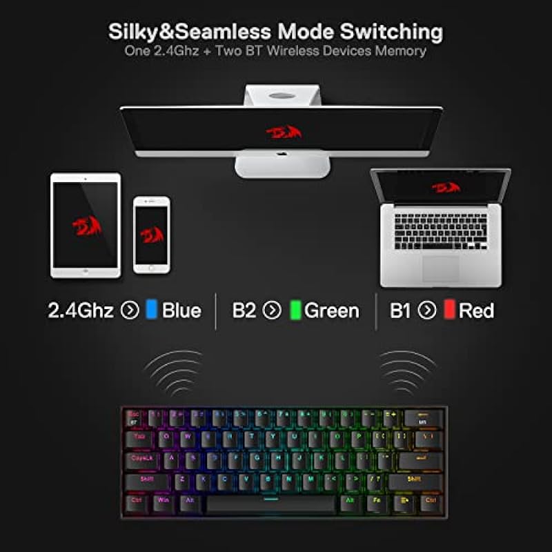 Redragon K530 Pro Draconic 60% Wireless RGB Mechanical Keyboard, Bluetooth/2.4Ghz/Wired 3-Mode 61 Keys Compact Gaming Keyboard w/100% Hot-Swap Socket, Free-Mod Plate Mounted PCB & Tactile Brown Switch