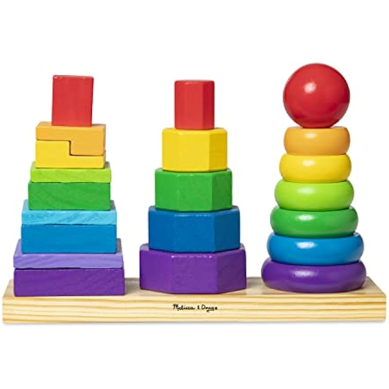 Melissa & Doug Geometric Stacker – Wooden Educational Toy | Wooden Shape Sorter And Stacking Toy, Stacking Tower Toy For Babies, Stacking Toys For Toddlers And Kids Ages 2+