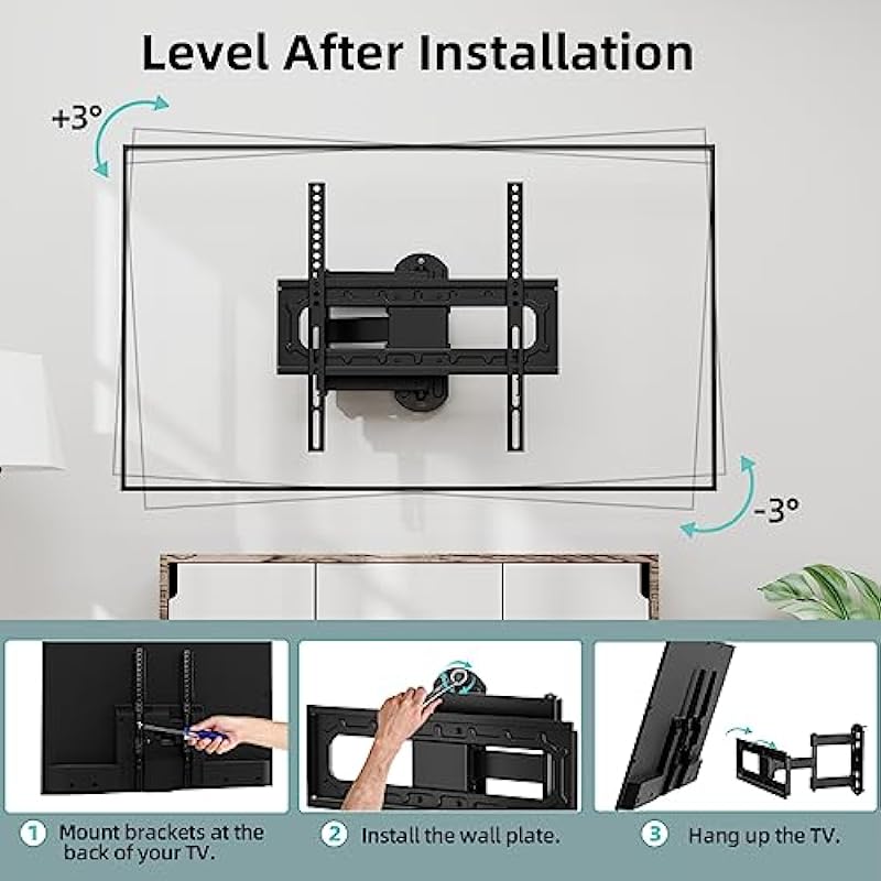 HCMOUNTING Swivel and Tilt TV Wall Mount for 26-55 inch Flat Screen Curved TVs, TV Bracket with Single Stud Level Adjustment Full Motion VESA 400x400mm Holds up to 88lbs