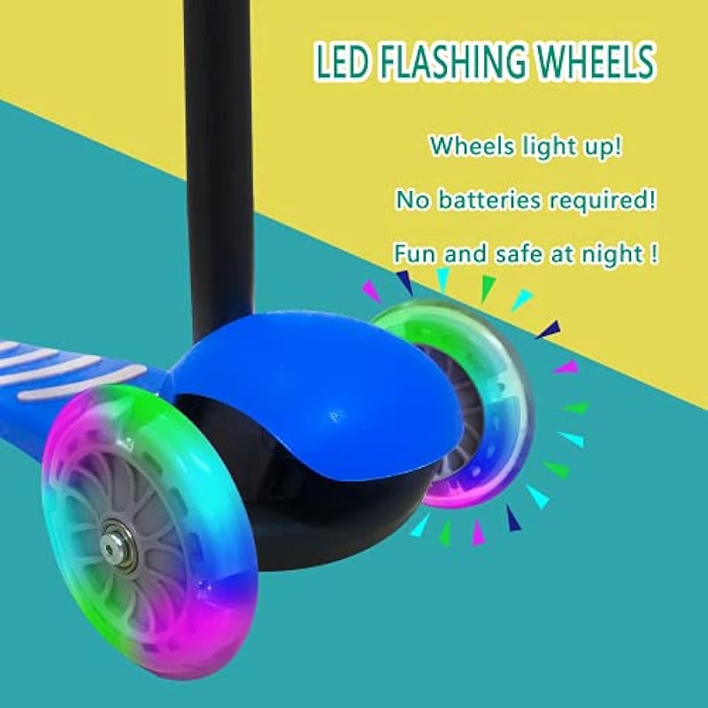 Fawn Toys 3-Wheel Junior Kick Scooter LED Flashing Wheels/Lean to Turn/Indoor/Outdoor Three Adjustable Heights Quiet PU Wheels Extra Wide Deck Best Gift for Kids, Boys Girls 2-8 Yrs