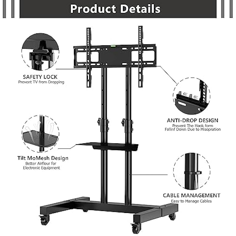 Rfiver Mobile TV Stand, Rolling TV Cart for 32-75 Inch Flat Screen/Curved TVs up to 110 Lbs, Portable TV Mount with Wheels and Height Adjustable, Outdoor Floor TV Stand for Home Office, Black