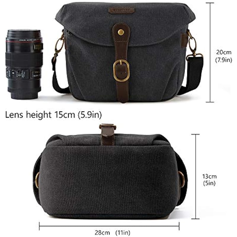 Camera Bag, BAGSMART SLR DSLR Canvas Camera Case, Vintage Padded Camera Shoulder Bag with Rain Cover for Women, Men, Black