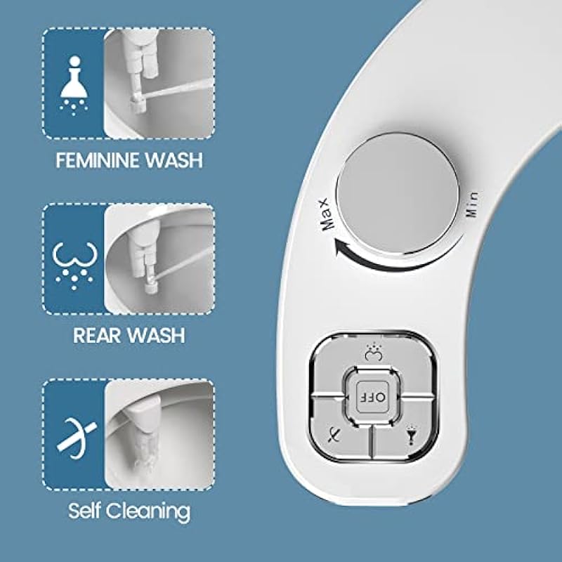 PIKETS Bidet Attachment for Toilet, Dual Nozzle (Frontal and Rear Wash) Non-Electric Fresh Water Toilet Seat Attachment with Nozzle Self Cleaning, Adjustable Water Pressure(Chrome Silver)