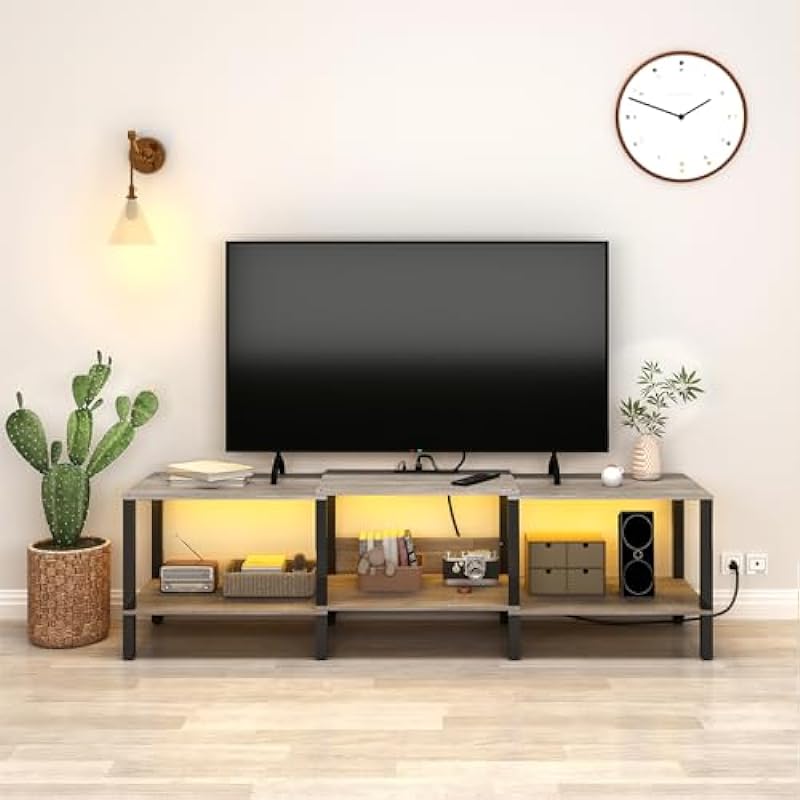 LED TV Stand with Power Outlet for Living Room+75 Inch Wood TV Media Console for 45/55/65/75 inch TVs，Industrial TV Stand，TV Stand Media Entertainment Center， CALTV06ZE