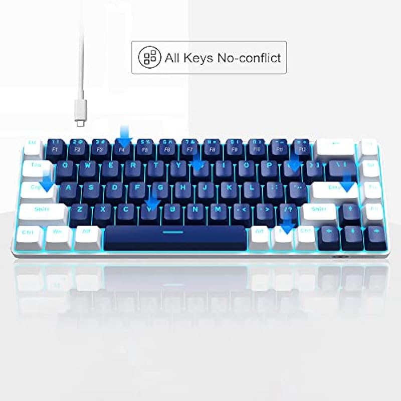 Portable 60% Mechanical Gaming Keyboard, MageGee MK-Box LED Backlit Compact 68 Keys Mini Wired Office Keyboard with Blue Switch for Windows Laptop PC Mac – Blue/White