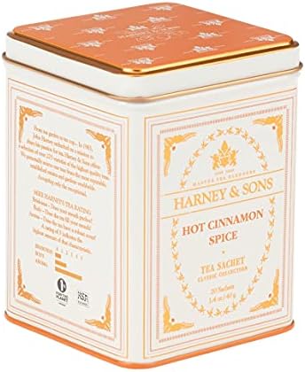 Harney & Sons Hot Cinnamon Spice – Black Tea with Cinnamon, Orange Peel, and Sweet Cloves – Tin of 20 Sachets
