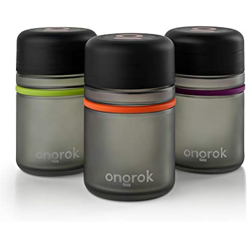 ONGROK Glass Storage Jar, 180ml (3 Pack) | Color-Coded Airtight Glass Containers, Jar to Stash Goods with Care, Airtight and Child Resistant Lid