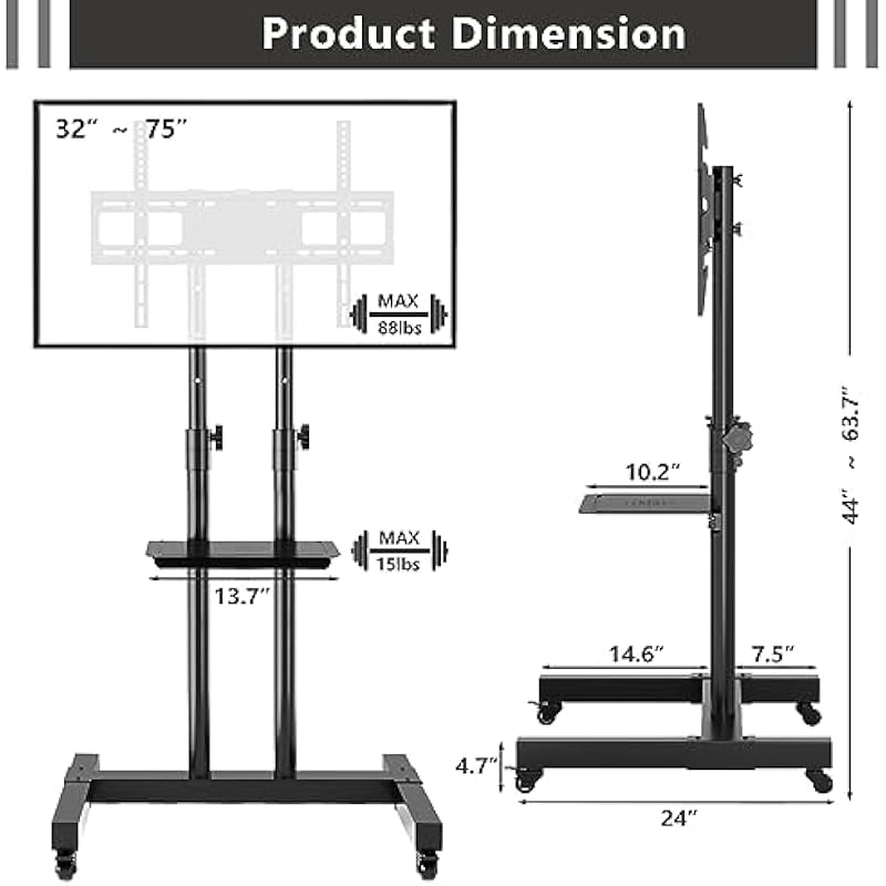 Rfiver Mobile TV Stand, Rolling TV Cart for 32-75 Inch Flat Screen/Curved TVs up to 110 Lbs, Portable TV Mount with Wheels and Height Adjustable, Outdoor Floor TV Stand for Home Office, Black