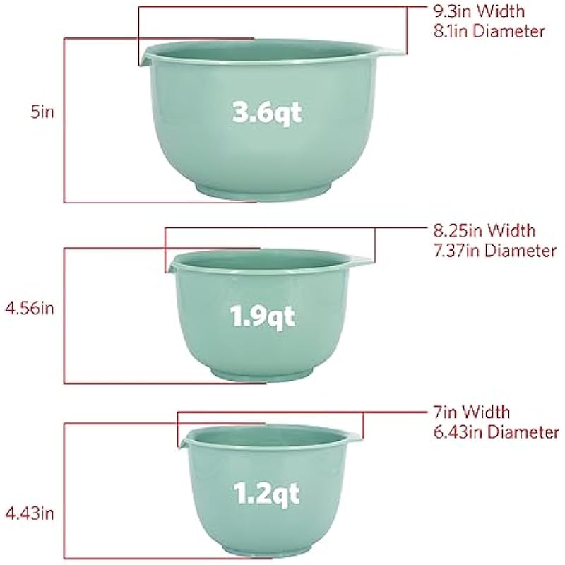 Glad Mixing Bowls with Pour Spout, Set of 3 | Nesting Design Saves Space | Non-Slip, BPA Free, Dishwasher Safe Plastic | Kitchen Cooking and Baking Supplies, Sage Green