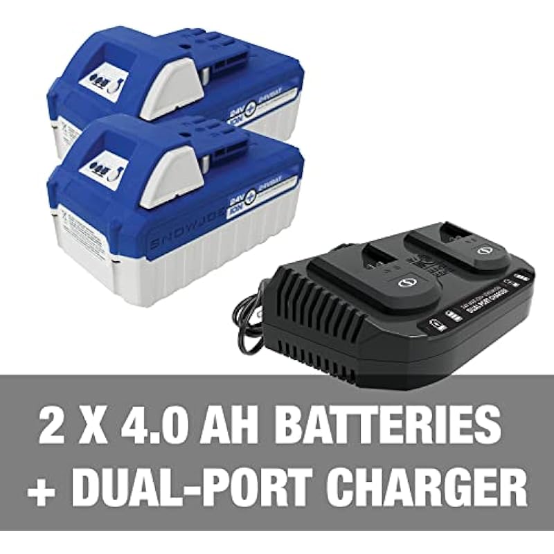 Snow Joe 24V-X2-SB15 48-Volt iON+ Cordless Snow Blower Kit | 15-Inch | W/ 2 x 4.0-Ah Batteries and Charger Blue