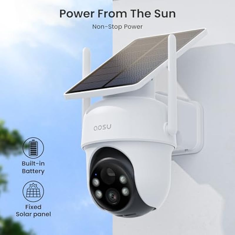 AOSU Solar Home Security Cameras System, 2-Cam Kit, 2K QHD Wireless Security Outdoor Camera, Auto Cross-Tracking, 360° Pan & Tilt, Color Night Vision, 32GB Homebase Local Storage, No Monthly Fee