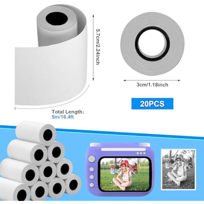 20 Rolls Kids Instant Print Camera Paper, 2.2×1.2 Inch Camera Refill Print Paper Roll HD Printing Instant Print Thermal Paper Supplies for Kids’ Instant Printer Cameras