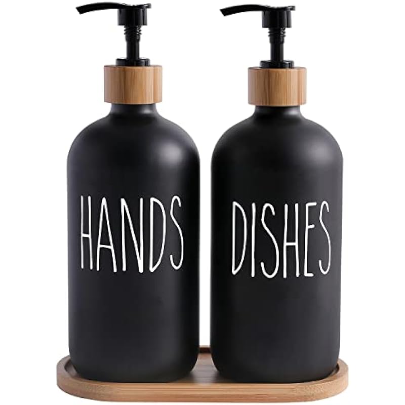 MOMEEMO Matte Black Glass Soap Dispenser Set – Hand and Dish Soap Dispensers Suitable for Rustic Kitchen Decor (Black)