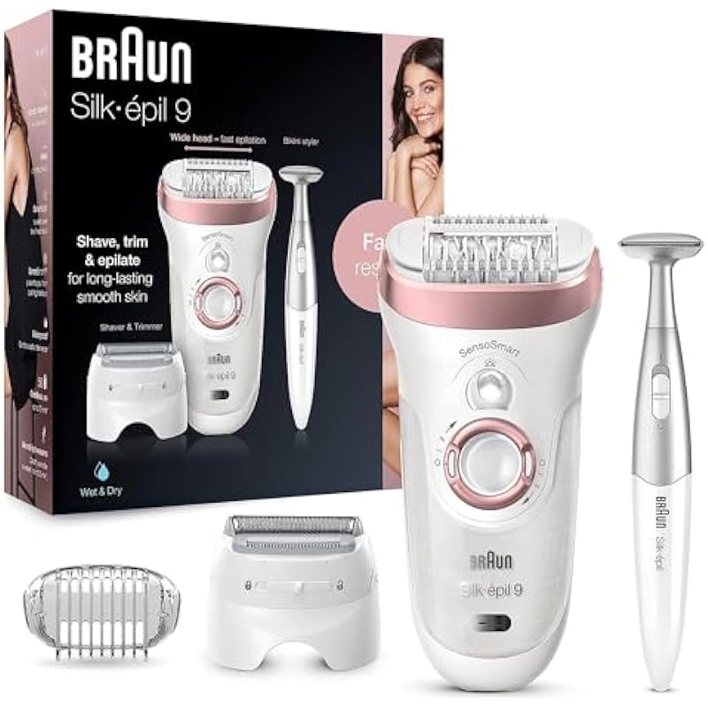 Braun Epilator, Hair Removal for Women, Series 9-890 Silk-Epil Sensosmart Epilator with Shaver and Face/Bikini Trimmer