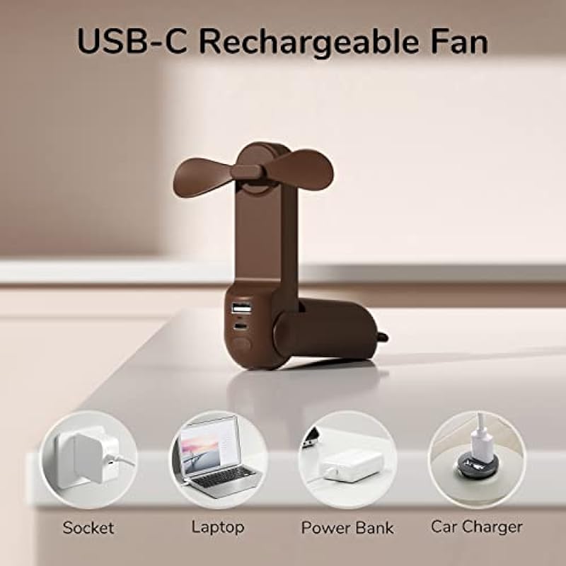 JISULIFE Handheld Mini Fan, Portable 3 IN 1 Hand Fan, Small Pocket Fan, USB Rechargeable Battery Operated Fan [14-21 Working Hours] with Power Bank, Flashlight Function for Women,Travel,Outdoor-Brown