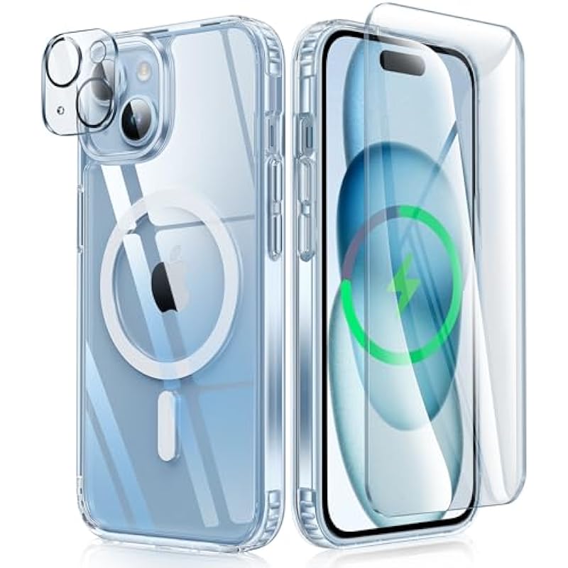 FNTCASE for iPhone 15 Case Clear: Support Magnetic Charging Military Grade Drop Protection Anti Yellowing Cell Phone Cover – Rugged Durable Shockproof Protective Bumper – 6.1 Inch