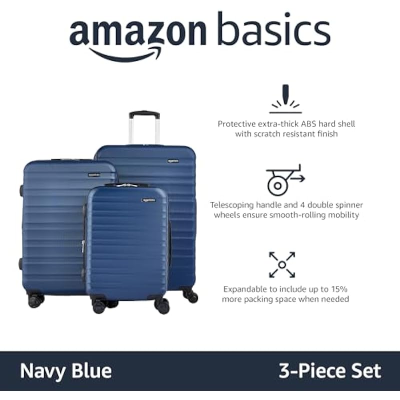 Amazon Basics 3 Piece Hardside Spinner Travel Luggage Suitcase Set – Navy Blue