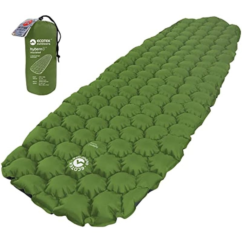 ECOTEK Outdoors Insulated Hybern8 4 Season Ultralight Inflatable Sleeping Pad with Contoured FlexCell Design – Easy, Comfortable, Light, Durable, Hammock Approved – Sub Zero Temp Rating [Evergreen]