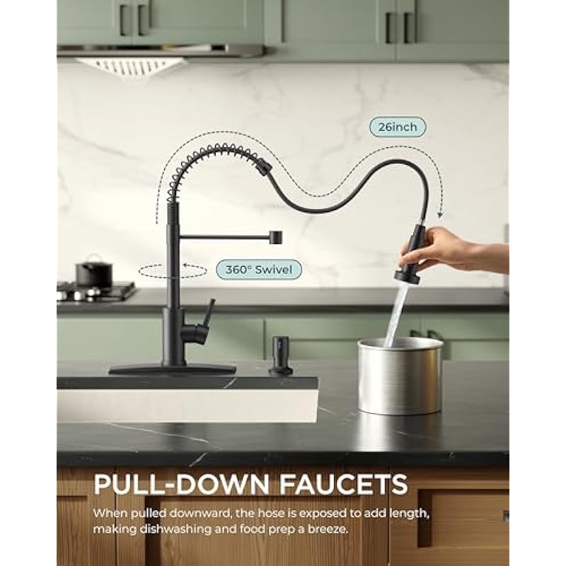 FORIOUS Black Kitchen Faucet with Pull Down Sprayer, Commercial Spring Kitchen Sink Faucet with Pull Out Sprayer, Single Handle Kitchen faucets with Deck Plate, Matte Black