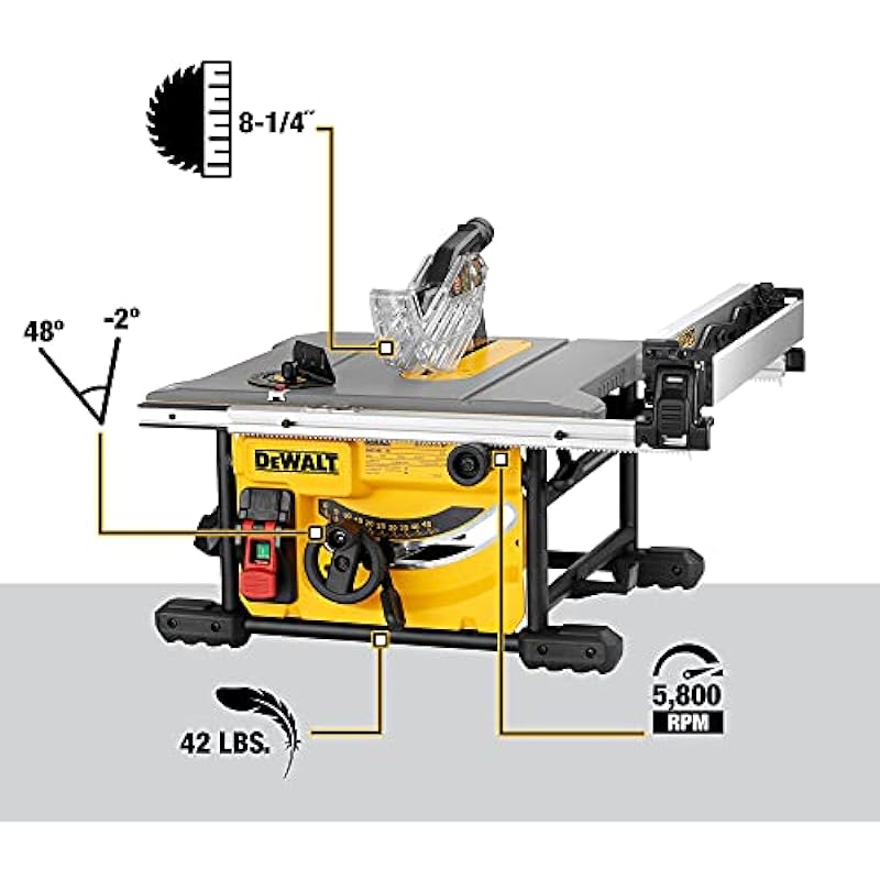 DEWALT Table Saw for Jobsite, Compact, 8-1/4-Inch (DWE7485) , Yellow
