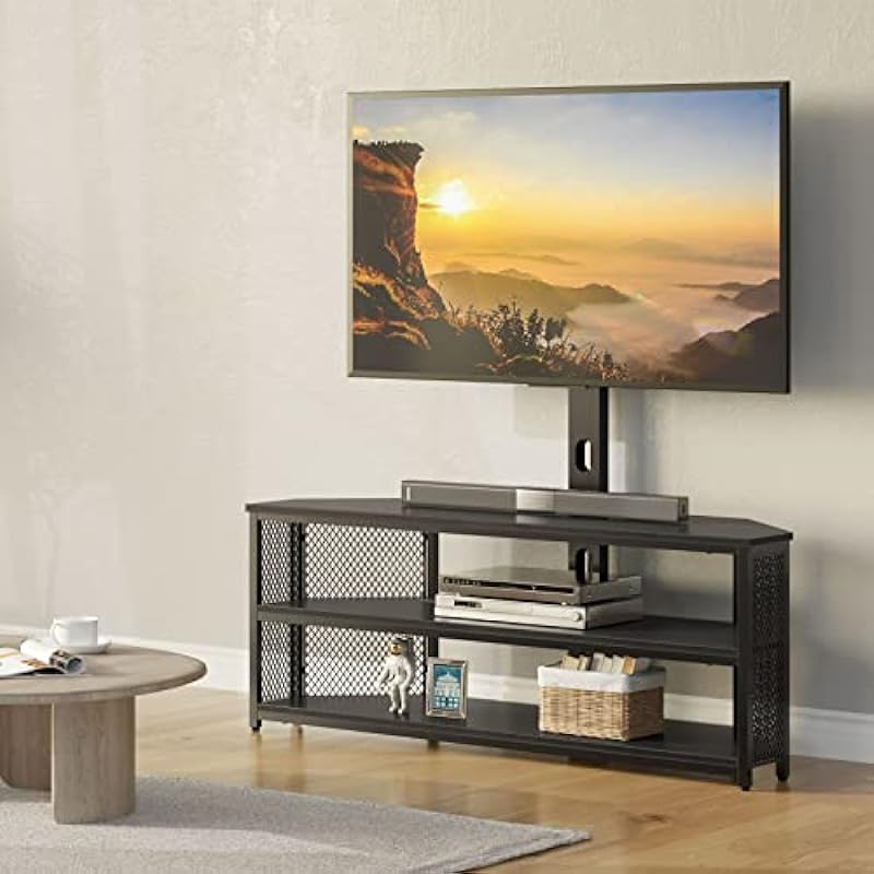 Rolanstar TV Stand with Mount and Power Outlet, Swivel TV Stand Mount with LED Lights for 45/55/60/65/70 inch TVs, Black Entertainment Center Media Console with Height Adjustable Mount