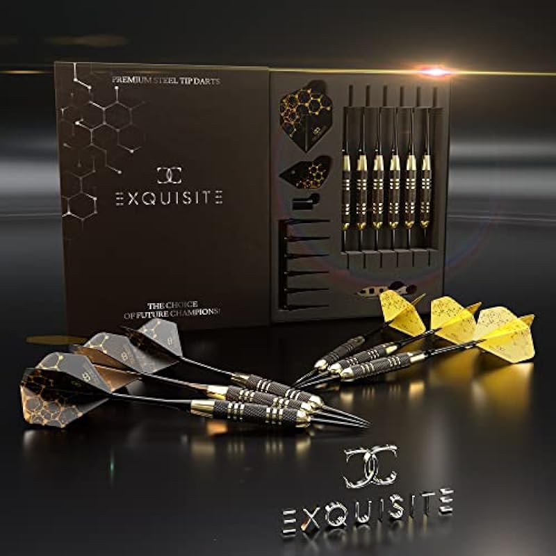 CC-Exquisite Professional Steel Tip Darts Set – 6 x 22g Brass Barrels with 12 Flights Standard/Slim, 12 Aluminum Shafts 35/48mm, 12 O-Rings, Dart Tool, Dart Sharpener and Case (Black & Gold)…