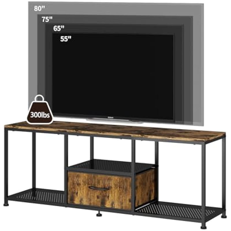 Wisdom Star TV Stand with Storage Cabinet,Entertainment Television Cabinet Center for TV up to 50 inch, Open Storage Shelves for Living Room,Bedroom, Metal,Rustic Brown