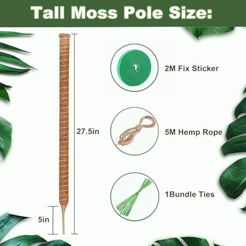 SYCARON Moss Pole, 2 PCS 27.5 Inches Moss Pole Sticks for Plant Support Monstera, Coco Coir Plant Support Stakes for Small Potted Climbing Plants, Indoor Plants to Grow Upwards