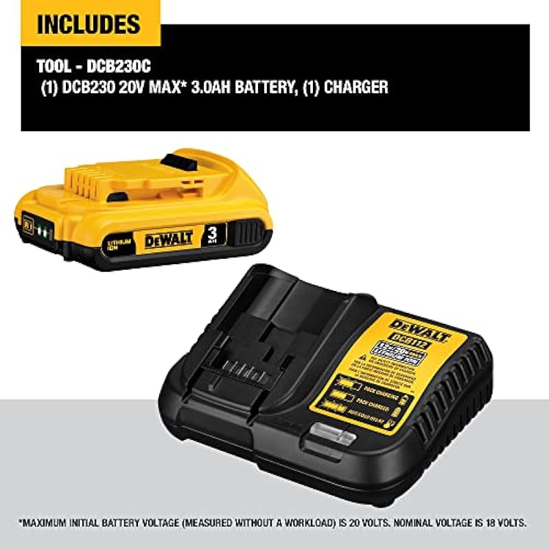 DEWALT 20V MAX Battery Pack with Charger, Multi, 3-Ah (DCB230C)