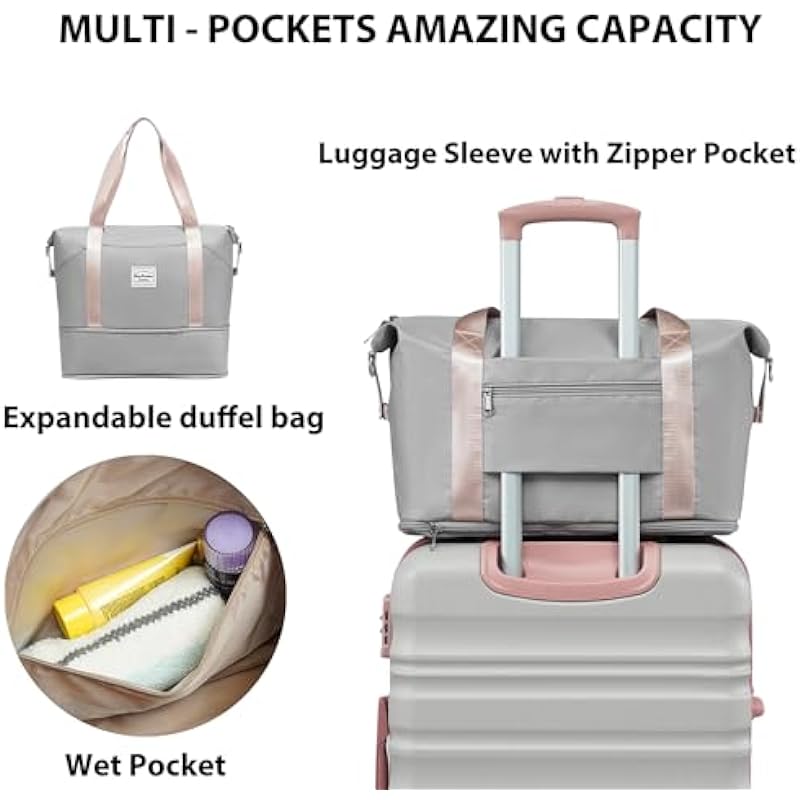 LONG VACATION Luggage Set 4 Piece Luggage Set ABS Hardshell TSA Lock Spinner Wheels Luggage Carry on Suitcase(Grey-Pink, 6 Piece Set)