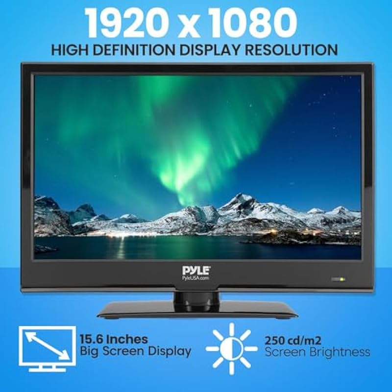 15.6 Inch 1080p LED RV Television – Slim Flat Screen Monitor FHD Small TV w/HDMI, RCA, Multimedia Disk/DVD Combo, 12/24 Volt Car Adapter, Wall Mount, Works w/Mac PC, Includes Remote Control