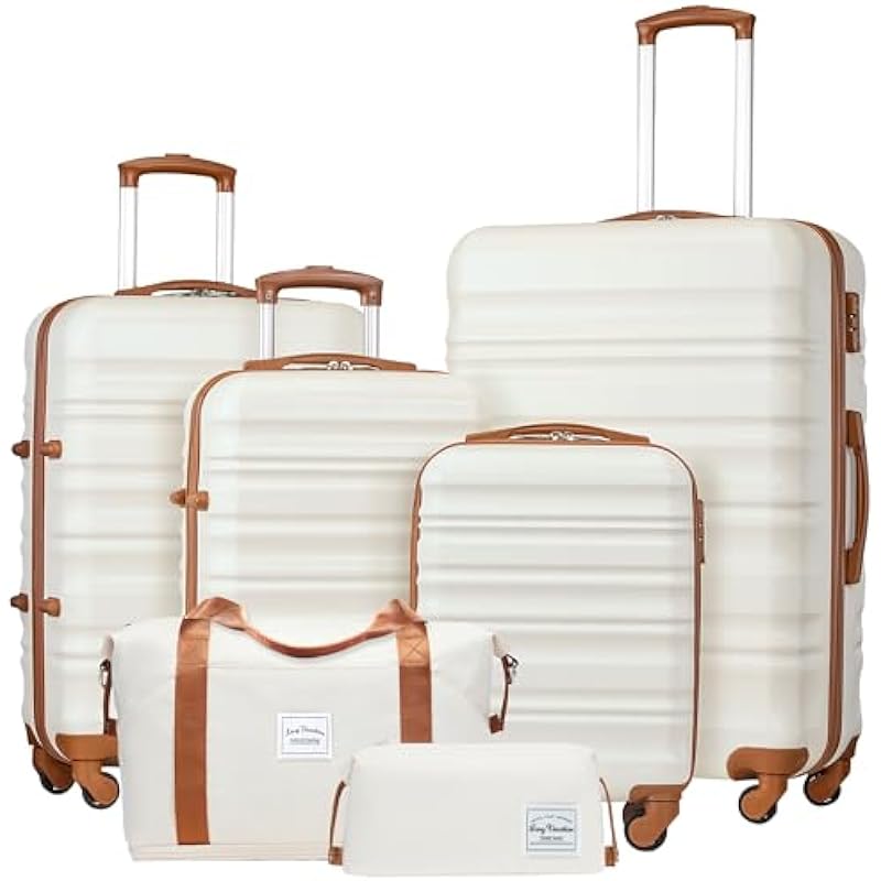 LONG VACATION Luggage Set 4 Piece Luggage Set ABS Hardshell TSA Lock Spinner Wheels Luggage Carry on Suitcase((White-Brown, 6 Piece Set)