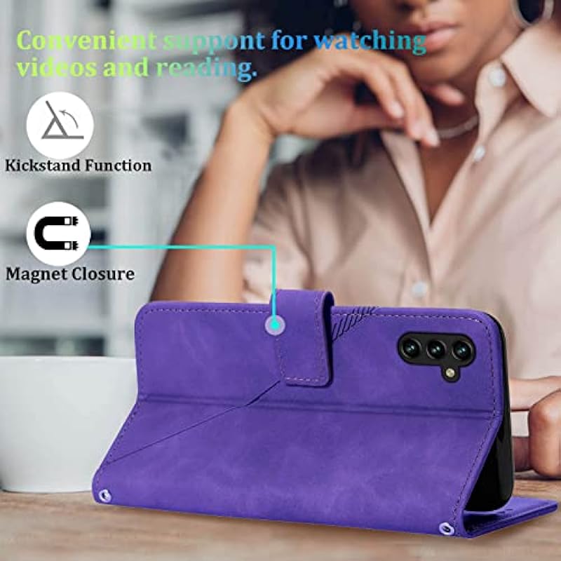 A14 5G Case Wallet,for Samsung A14 Case,[Kickstand][Wrist Strap][Card Holder Slots] TPU Interior Protective for Galaxy A14 5G Case,Leather Folio Flip Cover for Samsung Galaxy A14 5G (Purple)