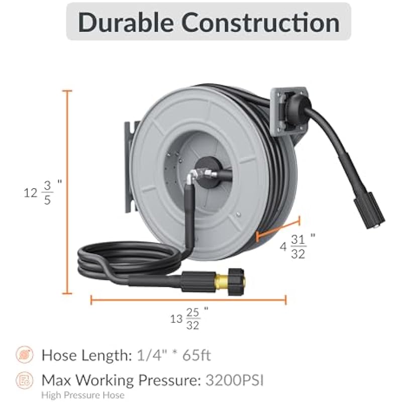 Giraffe Tools Pressure Washer Hose Reel, 1/4″ x 65 ft Retractable Pressure Washer Reel,Steel Power Reel, Wall/Ceiling/Floor Mounted, 3200PSI, 2 * M22-15mm Connectors, Heavy Duty