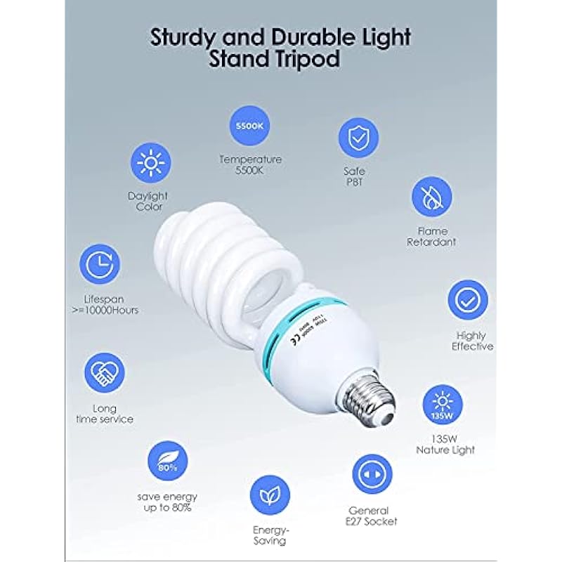 2pcs 135W Light Bulb 5500K CFL Daylight Spiral Softbox Lighting Kit Bulb in E27 Socket for Photography Photo