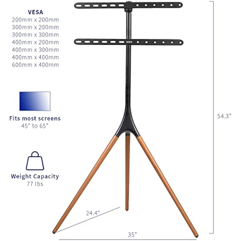 VIVO Artistic Easel 45 to 65 inch LED LCD Screen, Studio TV Display Stand, Adjustable TV Mount with Swivel and Tripod Base, Black Bracket, Dark Walnut Legs, STAND-TV65A