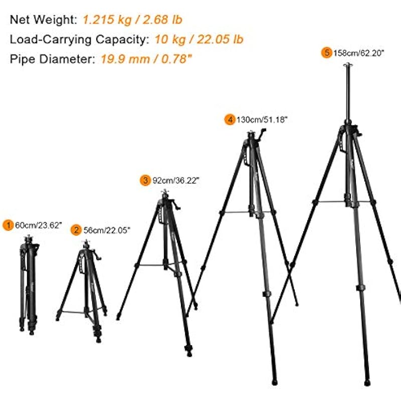 Huepar Tripod 1.6m/5.2ft Flat Head Aluminum Tripod for Laser Level, with Handle and Bubble Level, with 5/8″-11 Male Thread and 1/4″-11 Screw Adapter, Carrying Bag Included – TPD16