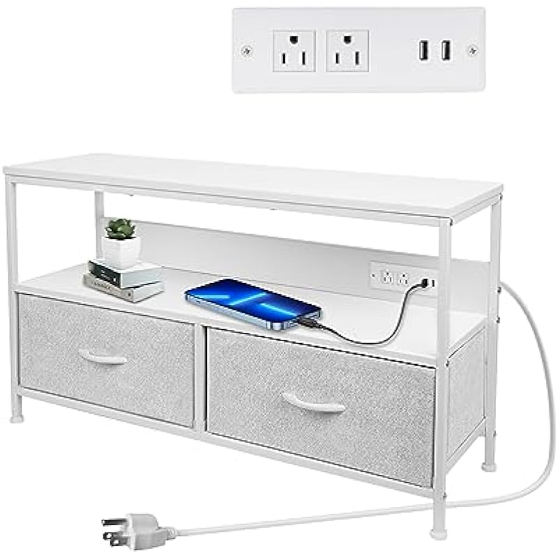 TV Stand with Sotrage, 2 Outlets and 2 USB Ports and Fabric Drawers, Media Console for TV up to 45″. Great Storage Drawer Unit for Bedroom, Dorm, Living Room, Entryway & Closet – Light Grey