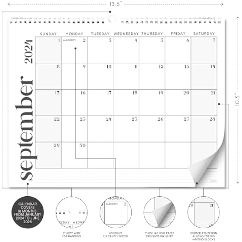 S&O Modern Minimal Wall Calendar from January 2024-June 2025 – Tear-Off Monthly Calendar – 18 Month Academic Wall Calendar – Hanging Calendar to Track Anniversaries & Appointments – 13.5″x10.5”in