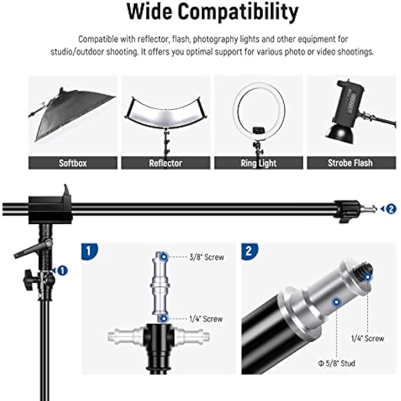 NEEWER Air Cushioned Aluminum Light Stand, 9.8ft/3m Adjustable Photography Stand with Boom Arm, Counterweight, Sandbag, 1/4″ Screw for Softbox, Studio Light, Flash, Umbrella, Ring Light, Max Load 5kg