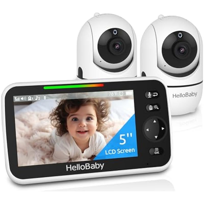 HelloBaby 5’’ Baby Monitor with 26-Hour Battery, 2 Cameras Pan-Tilt-Zoom, 1000ft Range Video Audio Baby Monitor No WiFi, VOX, Night Vision, 2-Way Talk, 8 Lullabies and Temperature