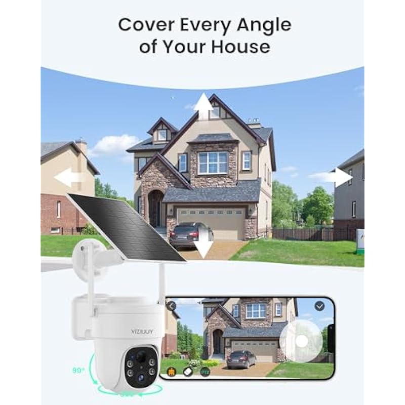 VIZIUUY Solar Security Camera Outdoor,3MP Security Cameras Wireless Outdoor, Pan Tilt 360°WiFi Camera with Color Night Vision/PIR Sensor/2-Way Audio/Alexa/Google Assistant